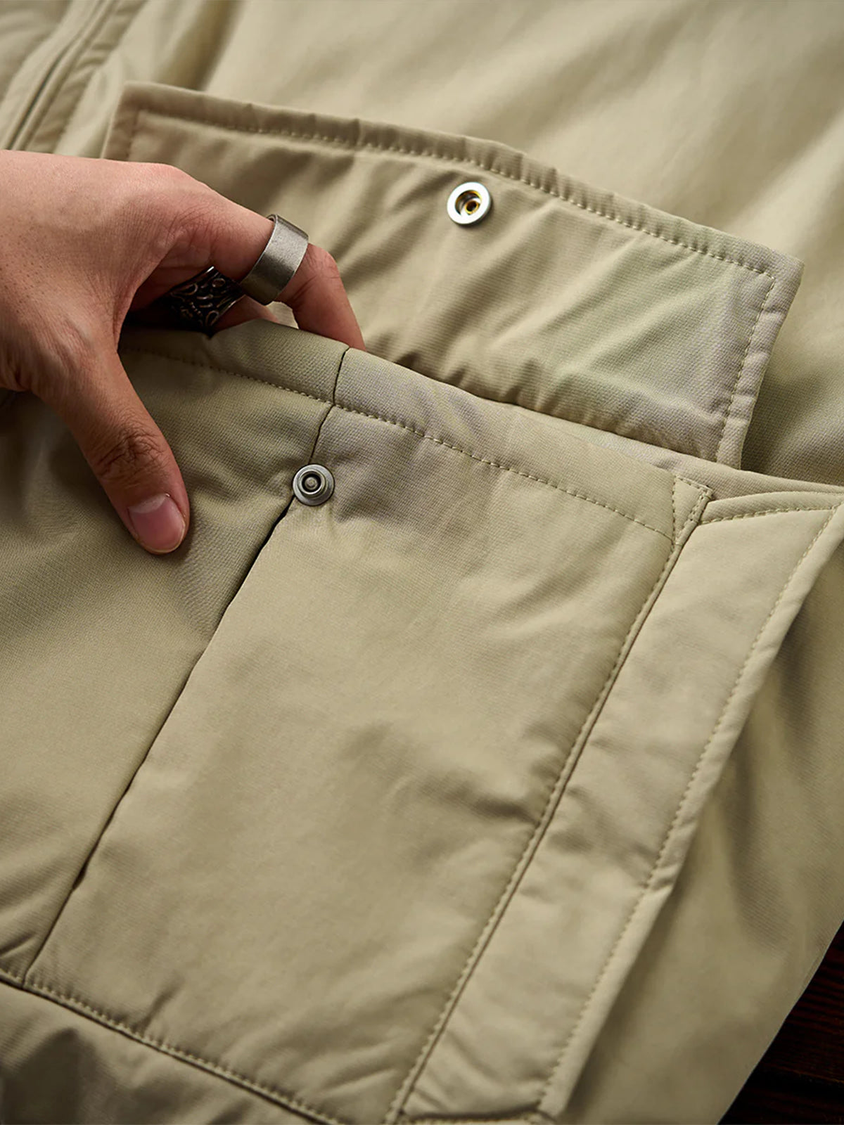 Corduroy-Collar Down Jacket with Cigarette Pockets