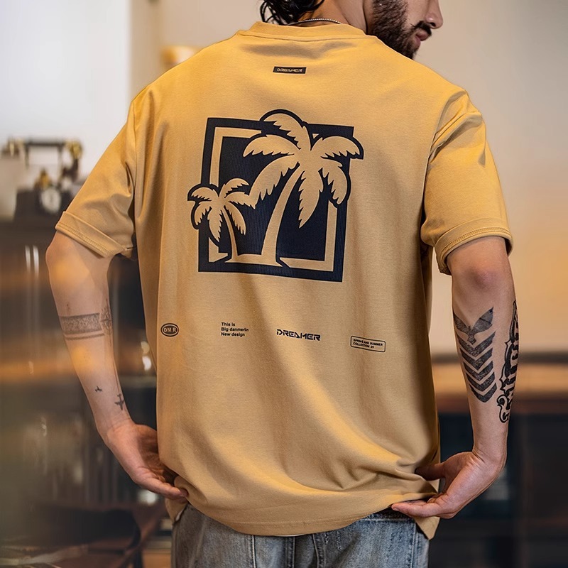 Casual Textured Suede Printed Round Neck Half-Sleeved Tee Top Men
