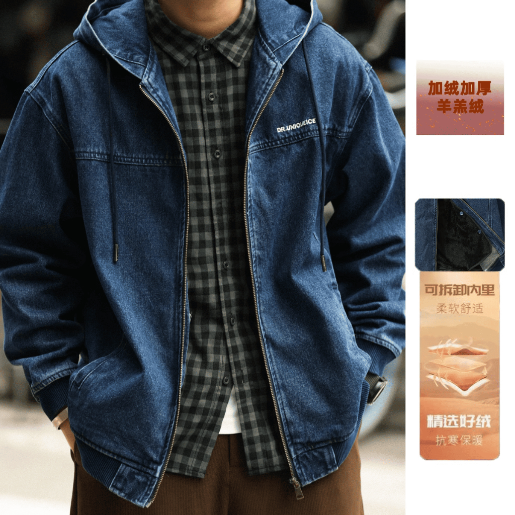 American Casual Hooded Denim Jacket Men Loose Denim Washed Heavy Zipper Cargo Jacket
