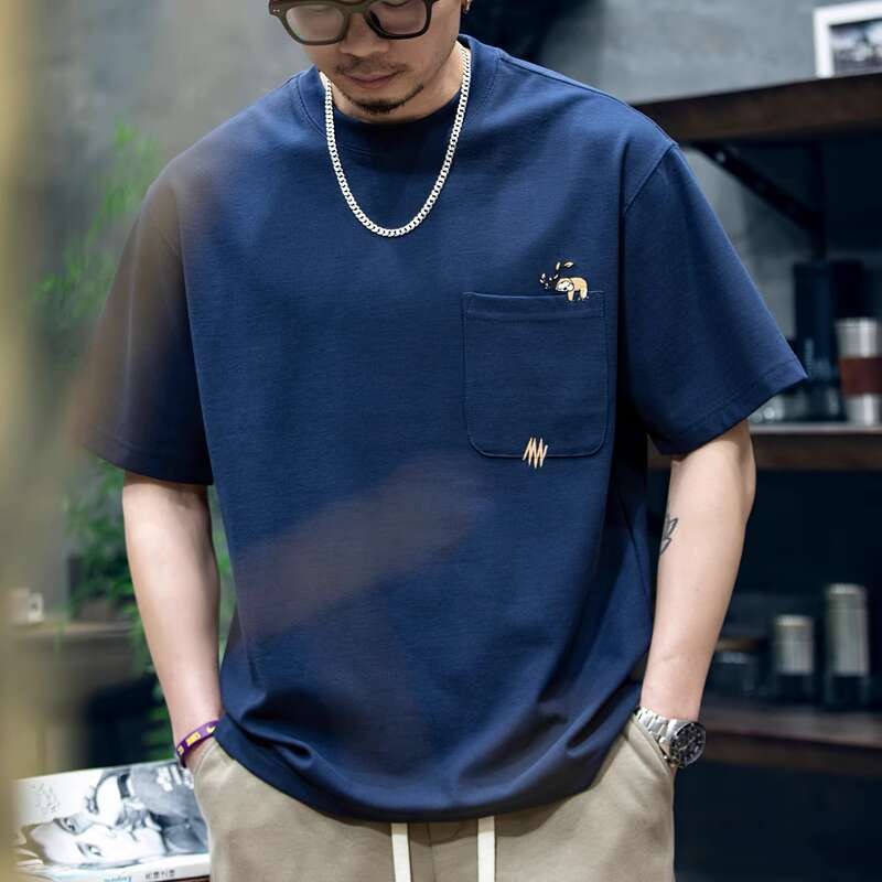260g Mige Short-Sleeved t-Shirt Men Street Wear Small Sloth Embroidery Pocket Loose Casual Half-Sleeved t-Shirt