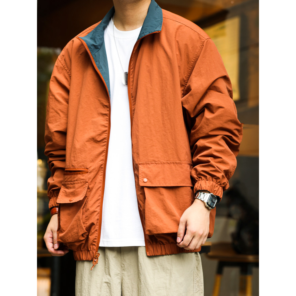 Two-Sided Woven Jacket Men Loose Multi-Pocket Stand Collar Retro Jacket Jacket