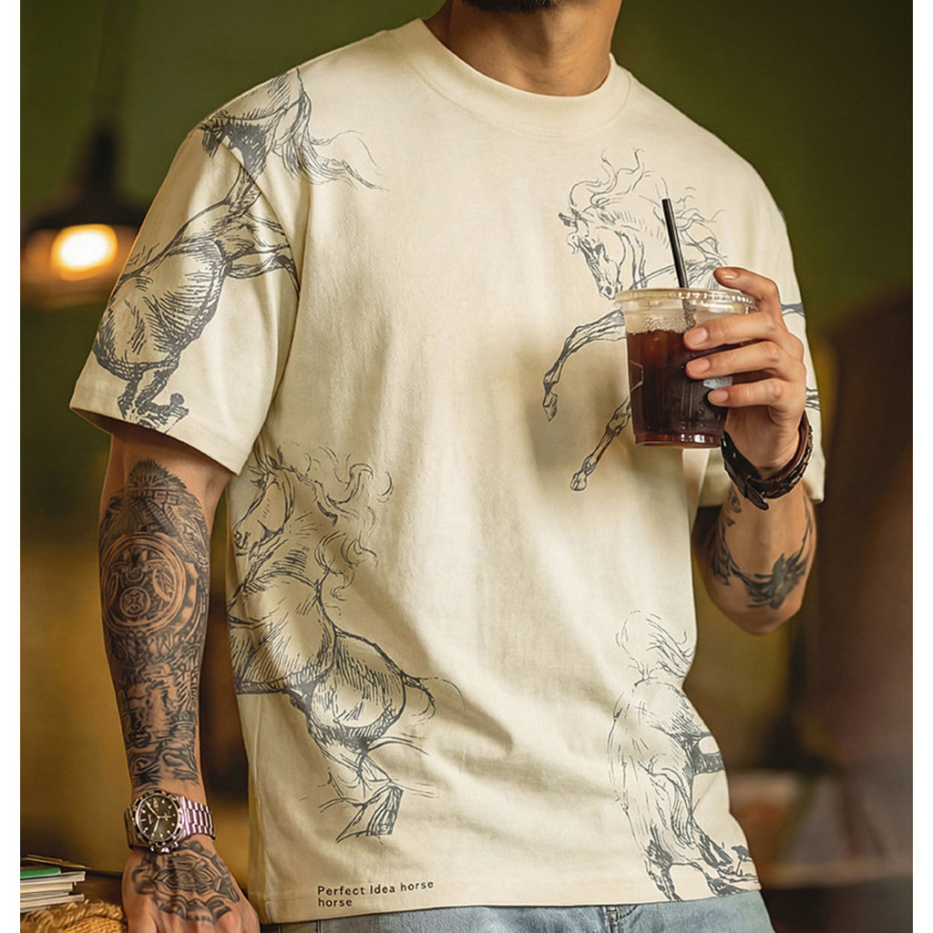 Wuluwear American Linen Blended Year of the Horse Printed Short-Sleeved T-Shirt Men Summer Loose All-Match Round Neck Design Bott