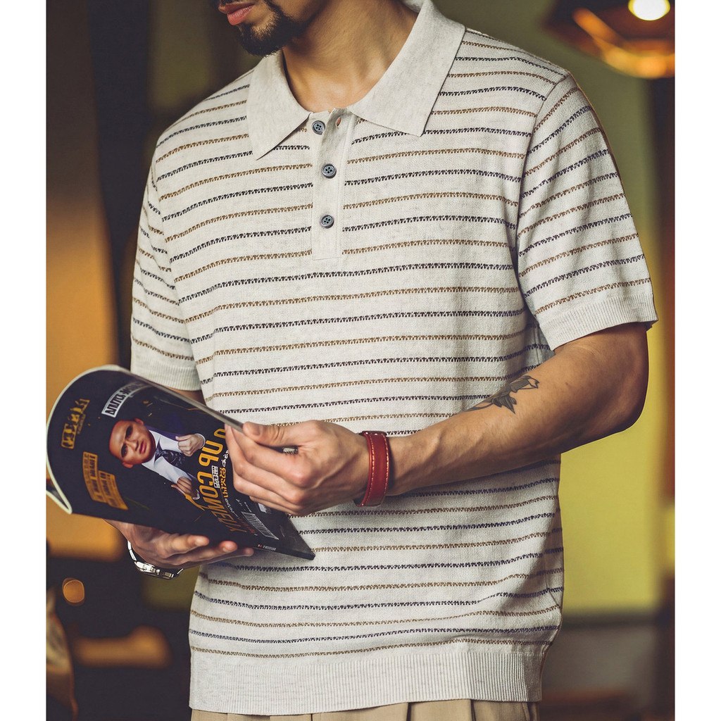 Wuluwear Summer New Style American Style Contrast Color Striped Knitted polo Shirt Men Loose Old Money Style Commuter Texture Breathable Short Sleeves