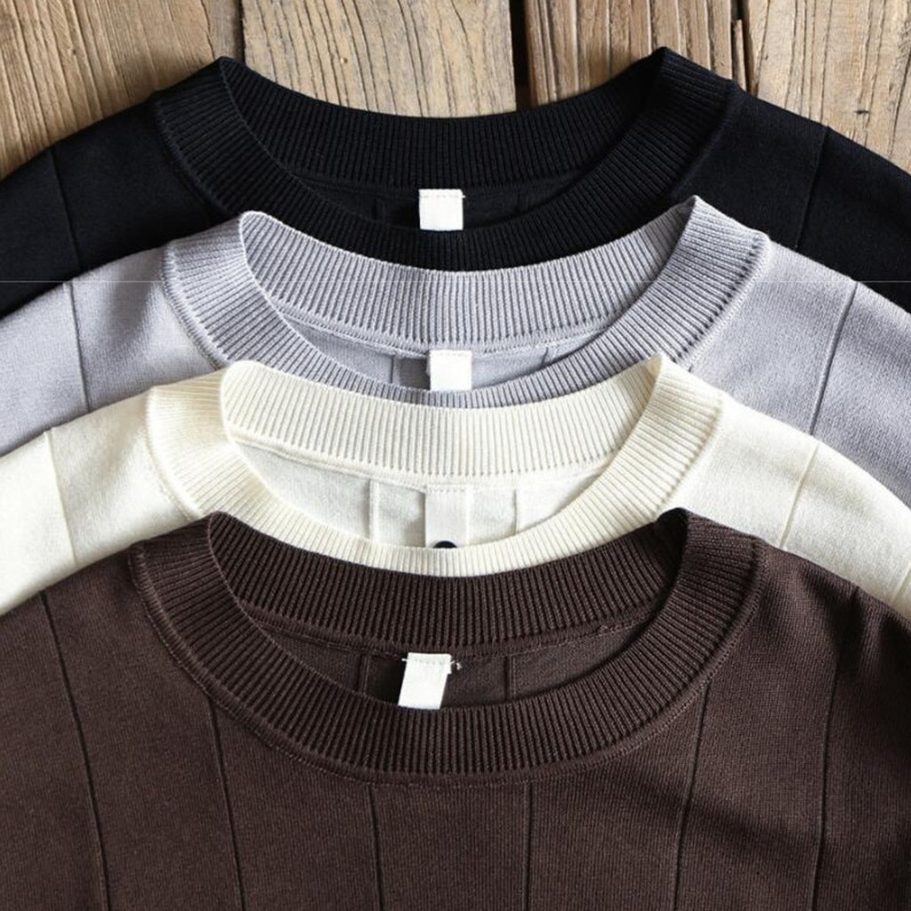 Wuluwear American Retro Solid Color Vertical Pit Strip Knit Short Sleeve Men Summer Old Money Style Loose Thin Style Breathable Round Neck Bottoming Shirt