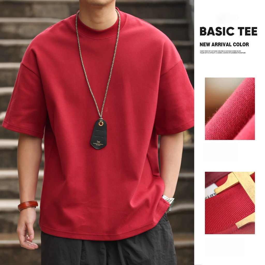 300g Encore Red Short-Sleeved T-Shirt Men Loose Heavy Gray Small Neckline Summer