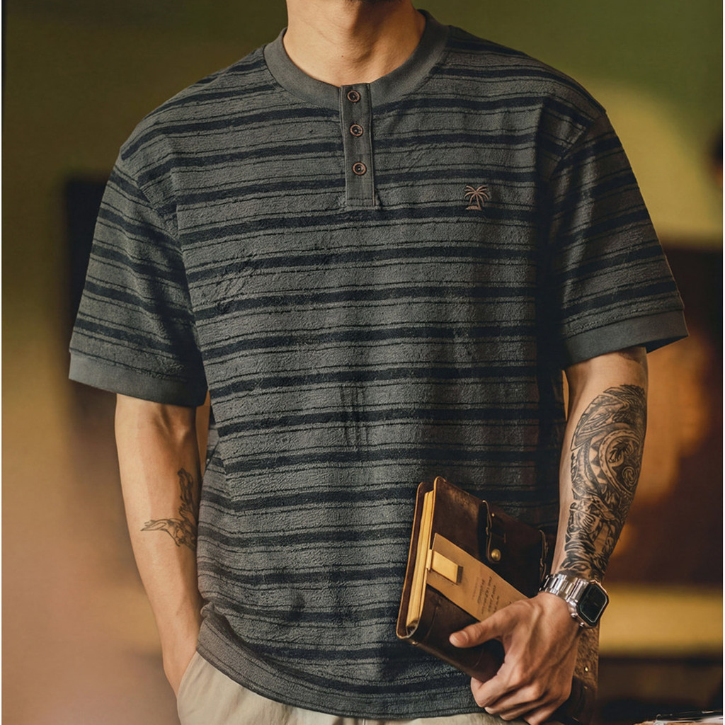 Striped Henry Collar Textured T-Shirt