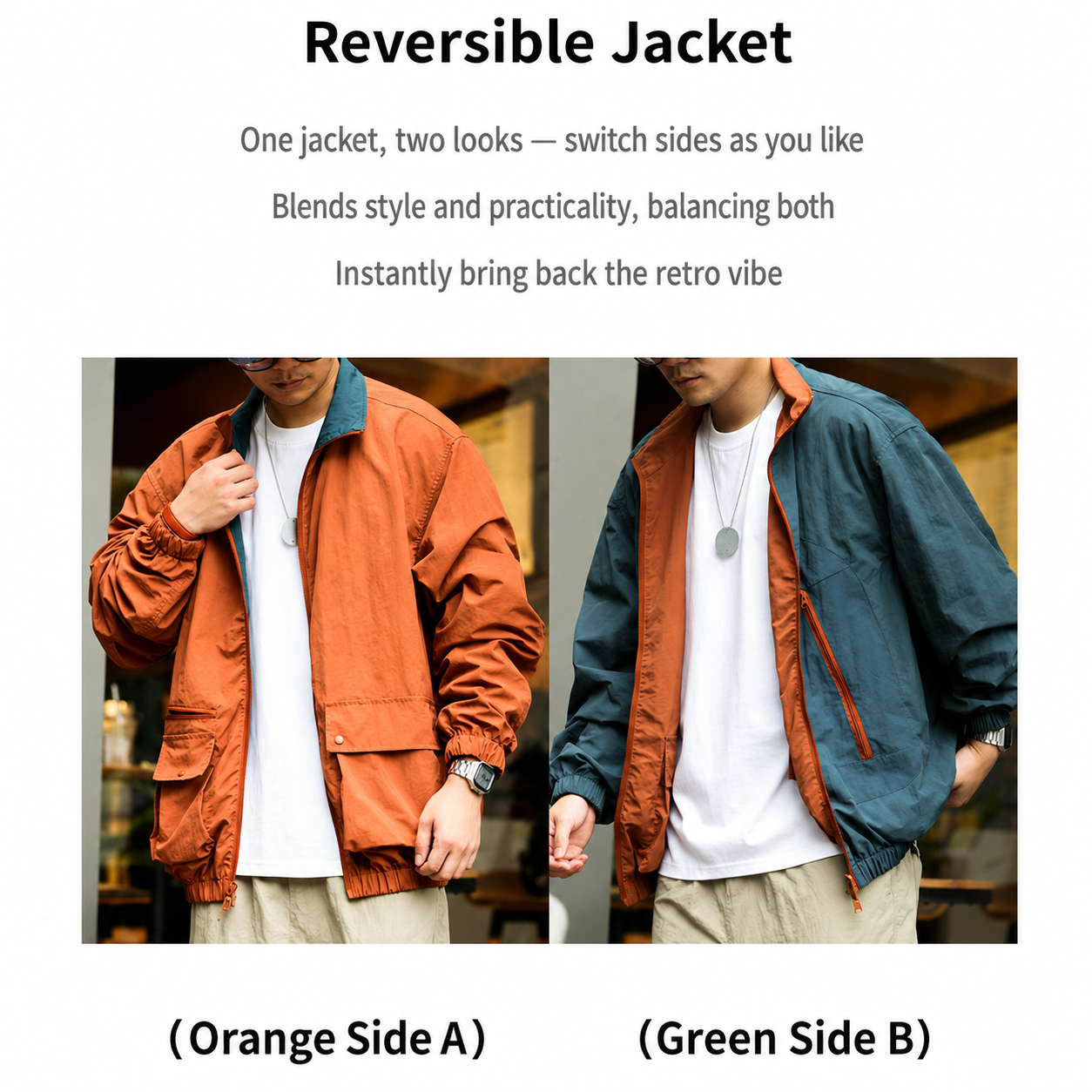 Two-Sided Woven Jacket Men Loose Multi-Pocket Stand Collar Retro Jacket Jacket