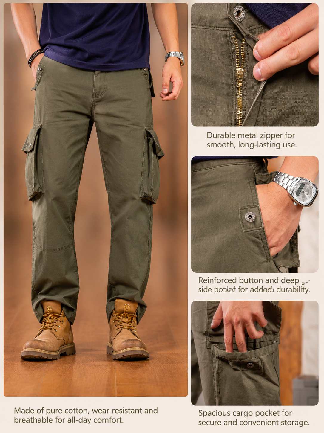 M65 Cargo Pants for Men 100% Cotton Multi-Pocket Long Pants Army Green Casual Pants