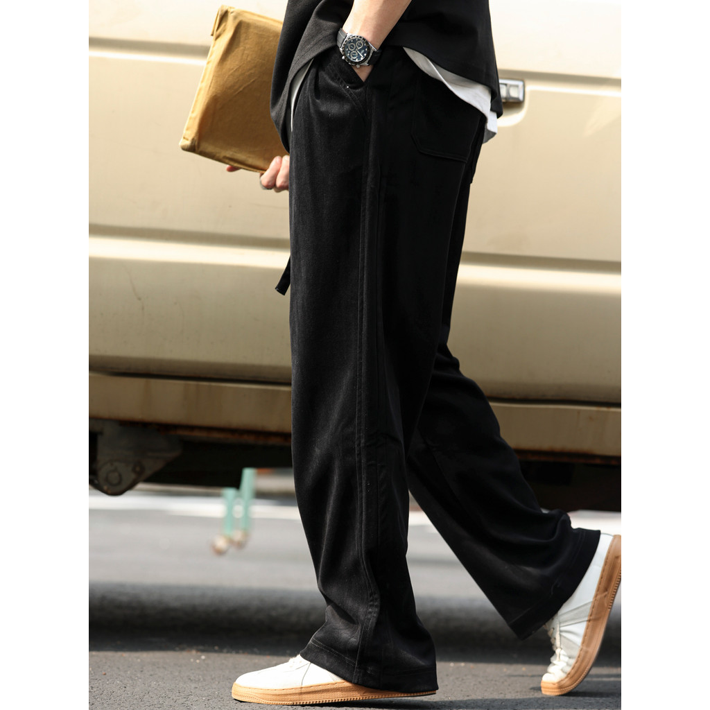 American Casual Heavyweight Chenille Drop Casual Pants Men Loose Straight Pleated Elastic Waist Drawstring Sweatpants