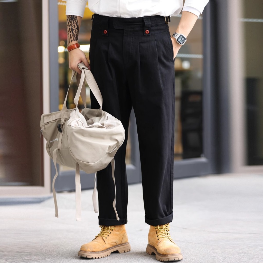 Retro Naples Trousers Gentleman Paris Buckle Design Gurkha Ami Khaki Casual Overalls