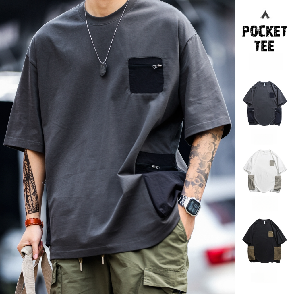 Retro Outdoor Zipper Pocket Design Short-Sleeved T-Shirt Men Loose Contrast Stitching Functional Style TEE