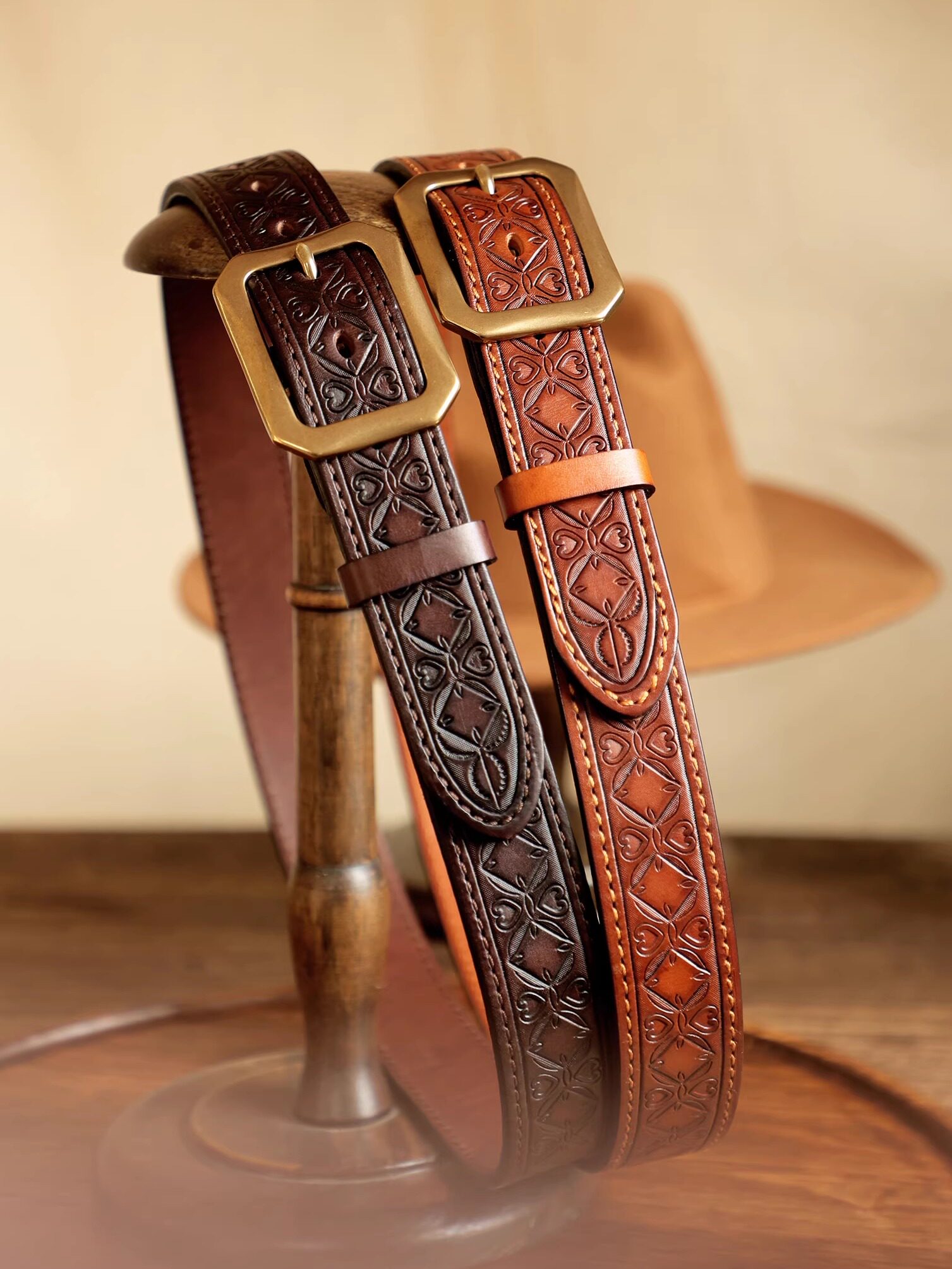 Vintage American-style embossed leather belt
