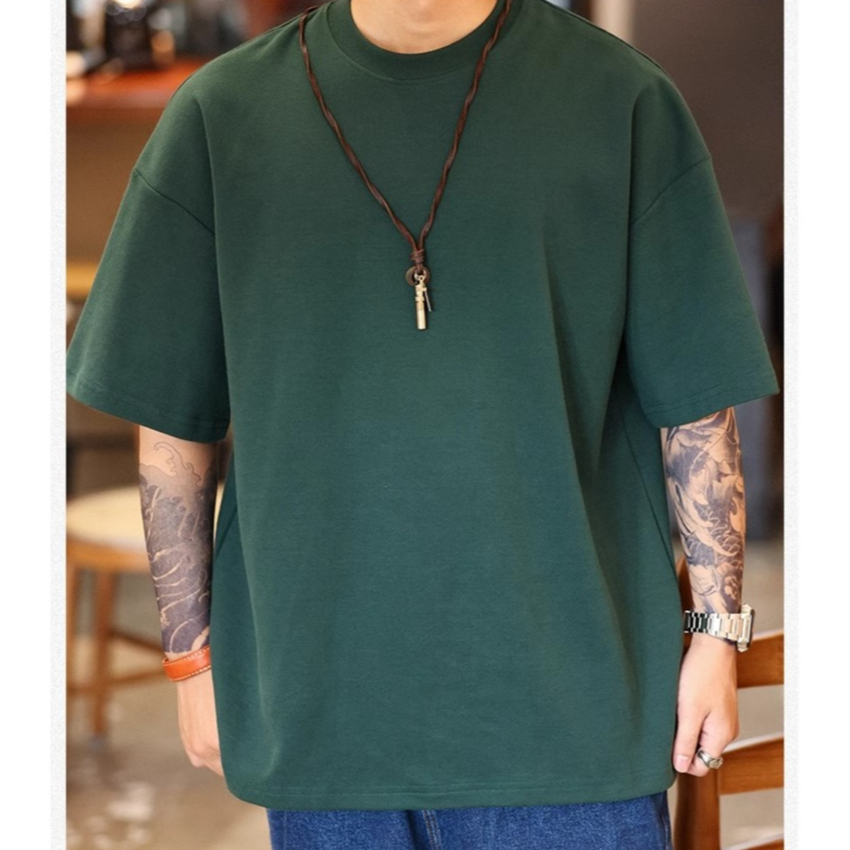 305GShort-Sleeved T-Shirt Men Women Loose 305G Dark Green Round Neck Slit Dropped Shoulder Sleeves TEE