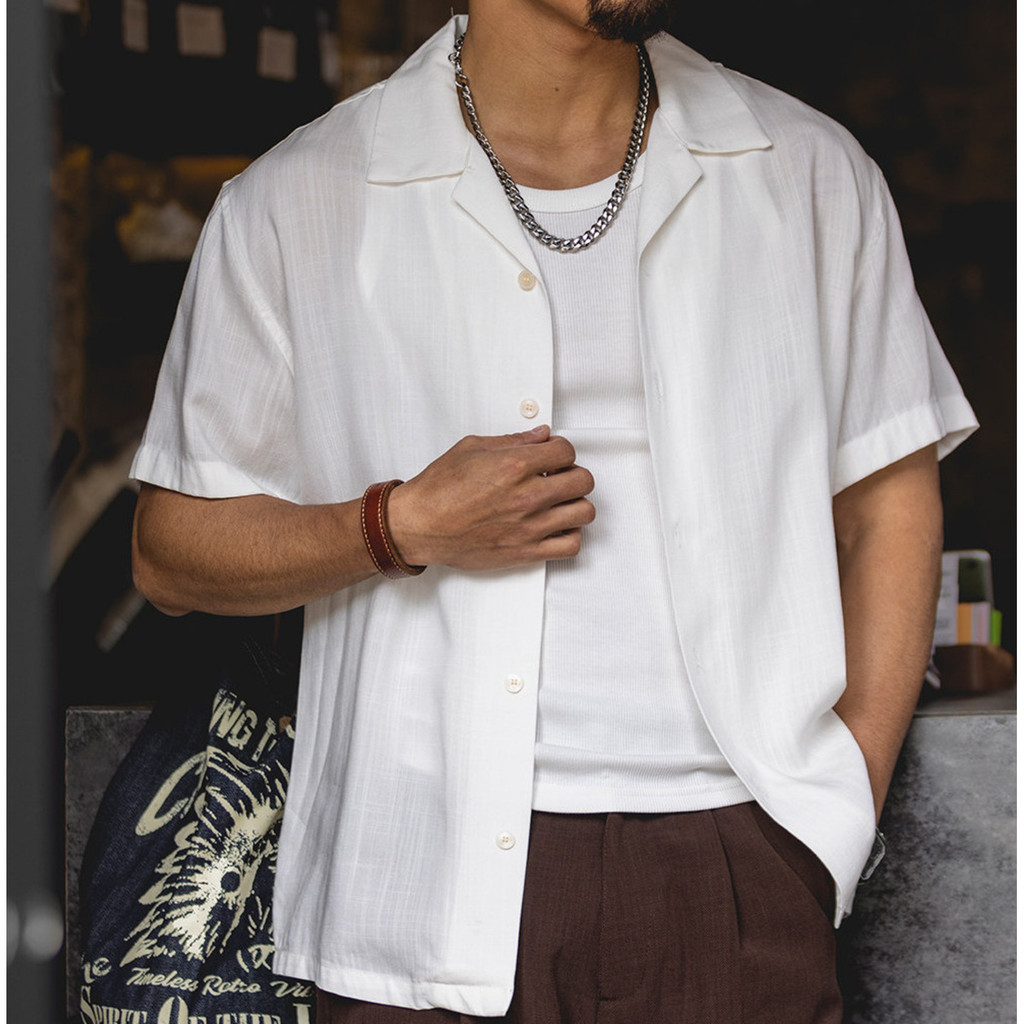 Lyocell Linen Cuban Collar Lyocell WhiteShirt Light Vacation Style Cardigan Shirt