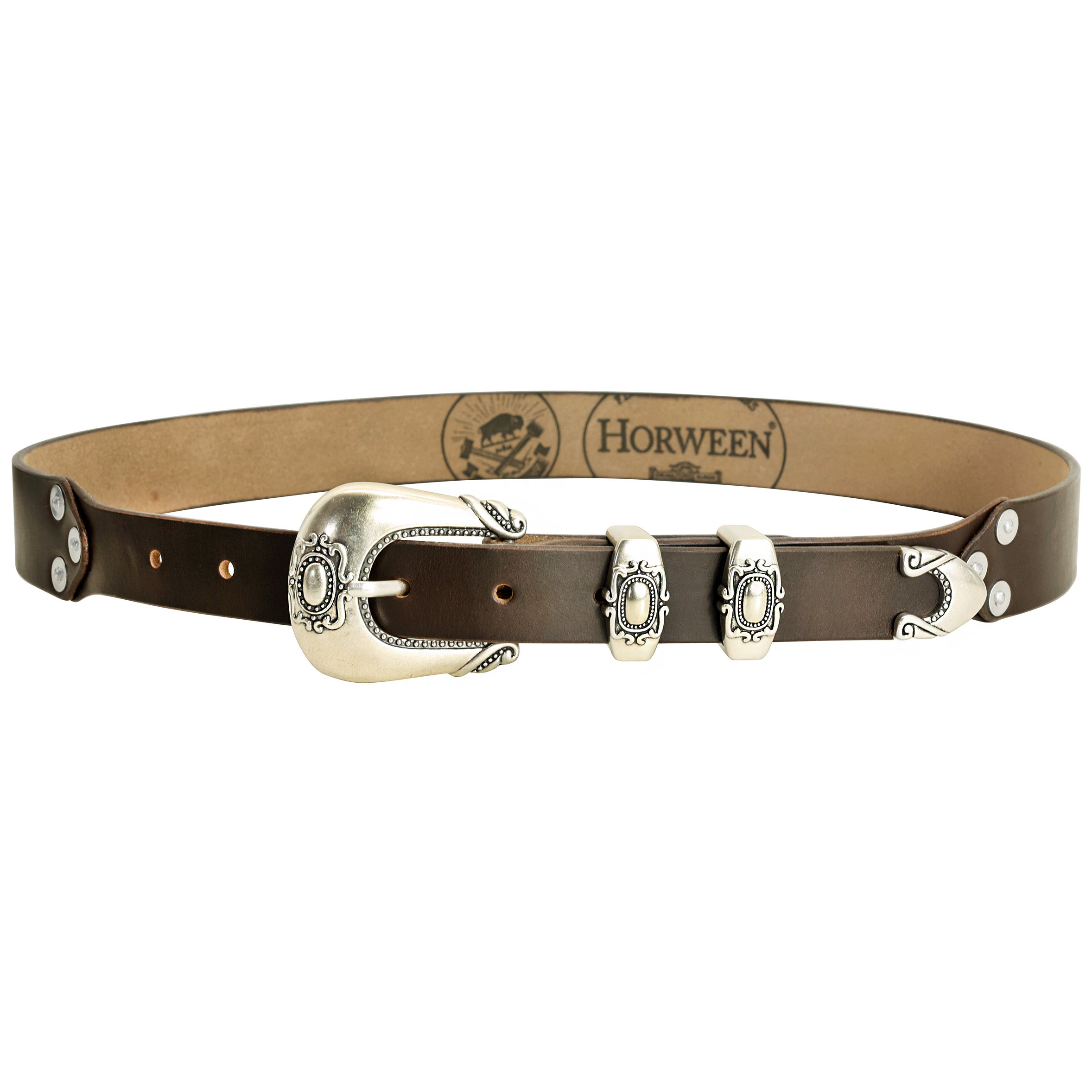 Silver rivet engraved top-grain leather belt 3.5cm