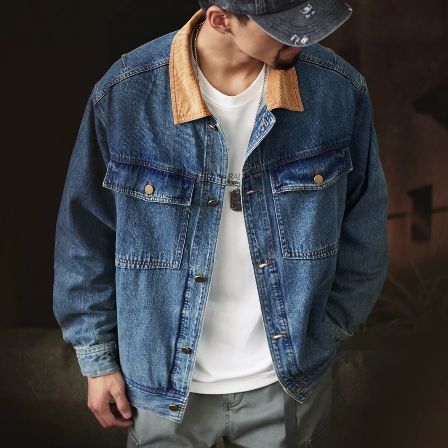 Wuluwear American Retro Contrast Color Corduroy Lapel Denim Jacket Men 2025 Autumn New Style Loose Workwear Casual Jacket