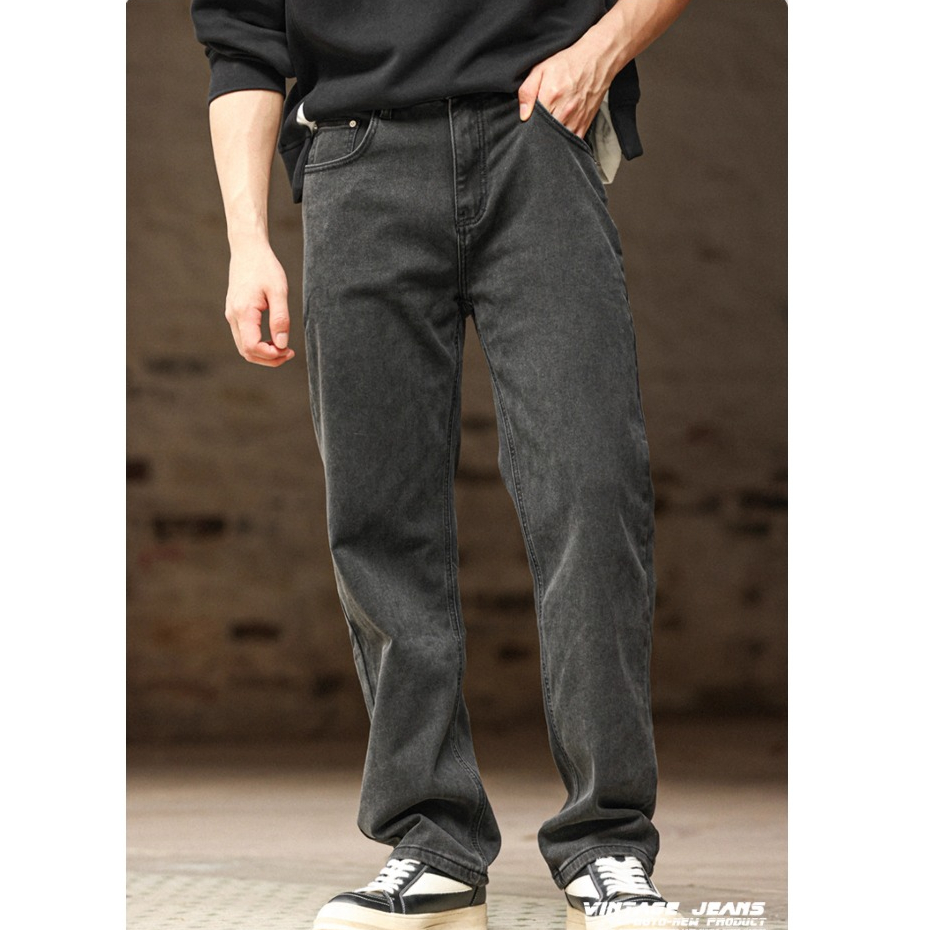 Wuluwear American Retro Black Jeans Men Wash Water Distressed Mid-Waist Narrow Wide-Leg Straight Long Pants