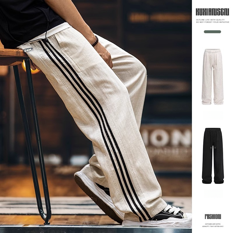 Lyocell Linen Thin Casual Pants Men Summer Stripes Men's Drape Straight Long Pants