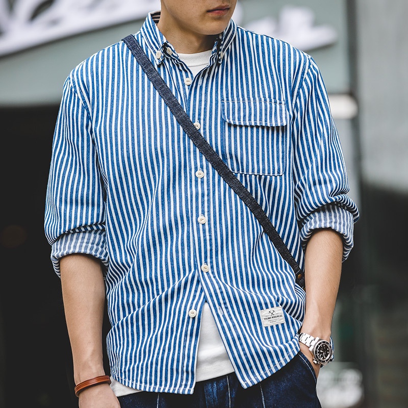 Striped Shirt Men Retro American Blue Denim Thick Vertical Striped Shirt Long-Sleeved Lapel Shirt Men's Trendy