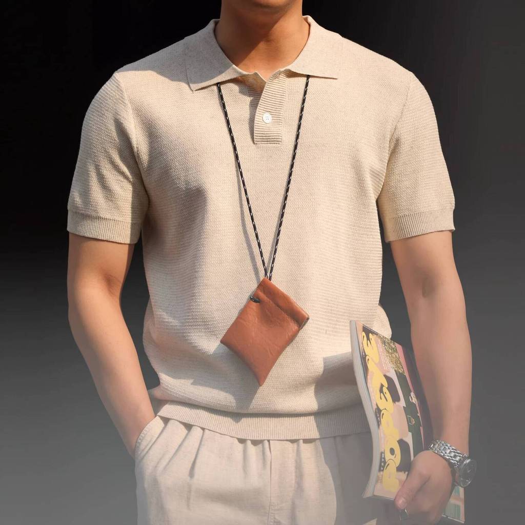 Tencel Linen Short-Sleeved POLO Shirt Men Basic Style Breathable Casual Lyocell Knitted Lapel T-Shirt