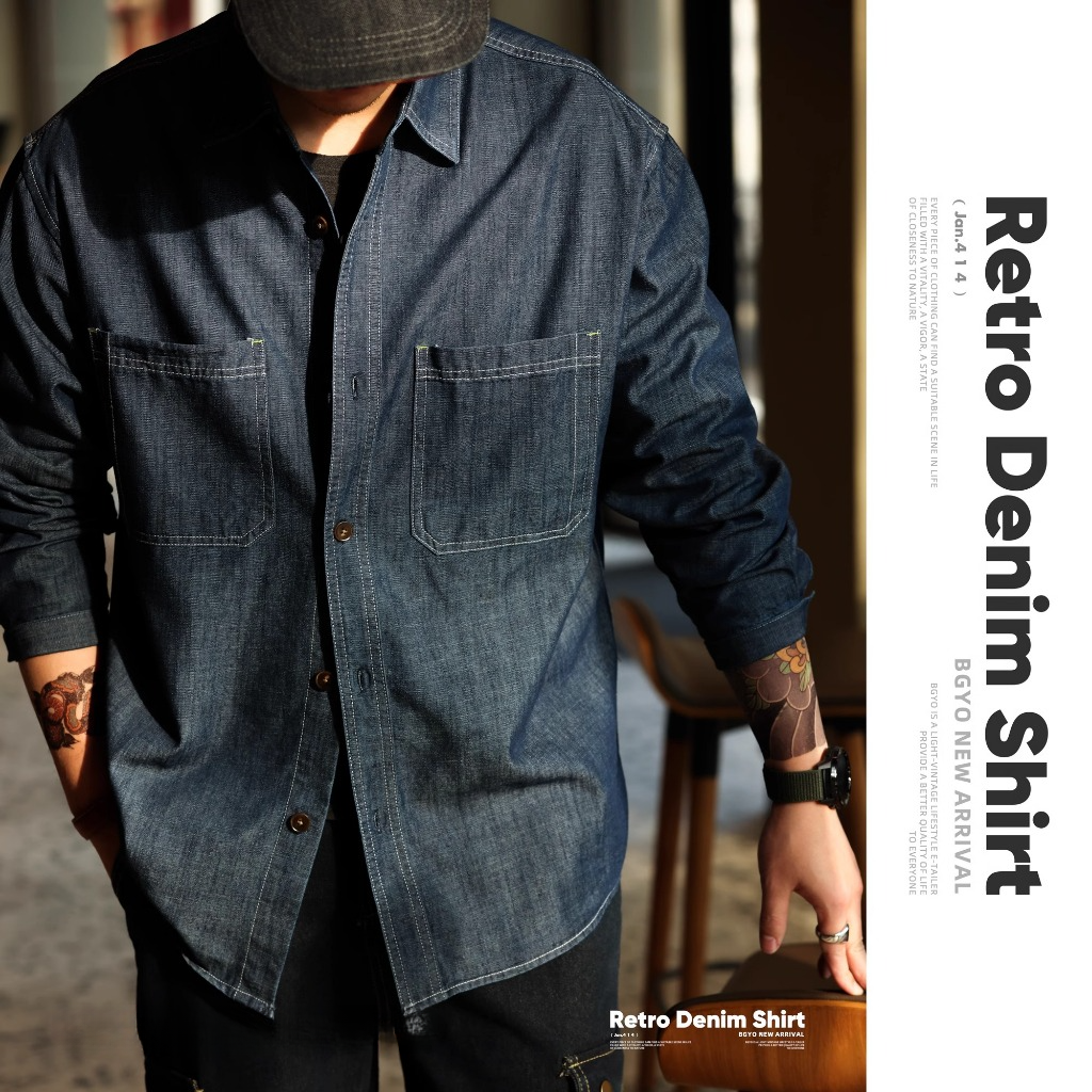 210g French Retro Blue Denim Shirt Men Denim Wash Lazy Style Workwear Long-Sleeved Shirt Jacket