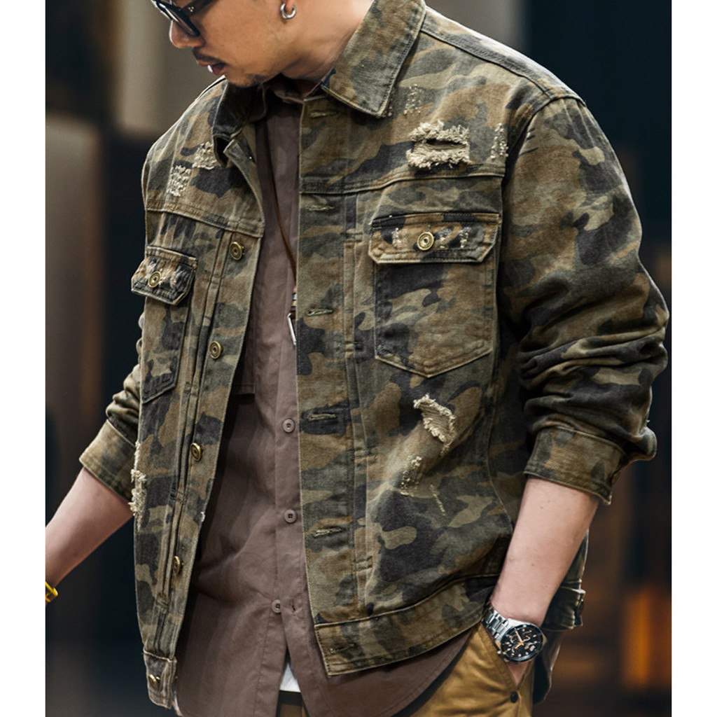 Desert Camouflage Ripped Denim Jacket