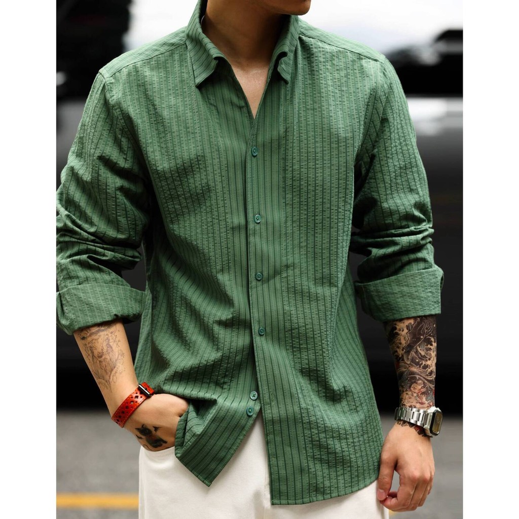 Wuluwear American Micro-Pleated Striped Texture Long-Sleeved Shirt Men Yuppie Old Money Style Casual Shirt Autumn