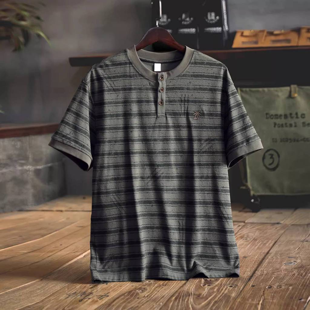 Striped Henry Collar Textured T-Shirt