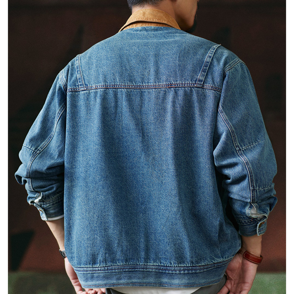 Wuluwear American Retro Contrast Color Corduroy Lapel Denim Jacket Men 2025 Autumn New Style Loose Workwear Casual Jacket