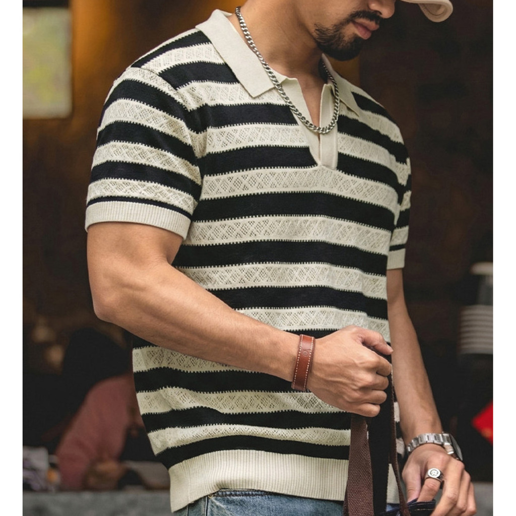 Striped Breathable Knitted Polo