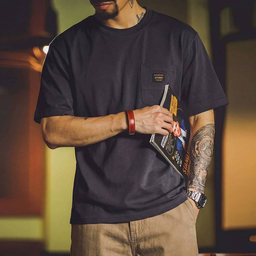Wuluwear American Retro Tooling Pocket T-Shirt Male Lyocell Cool Breathable Short-Sleeved Summer Loose Stretch Casual Top
