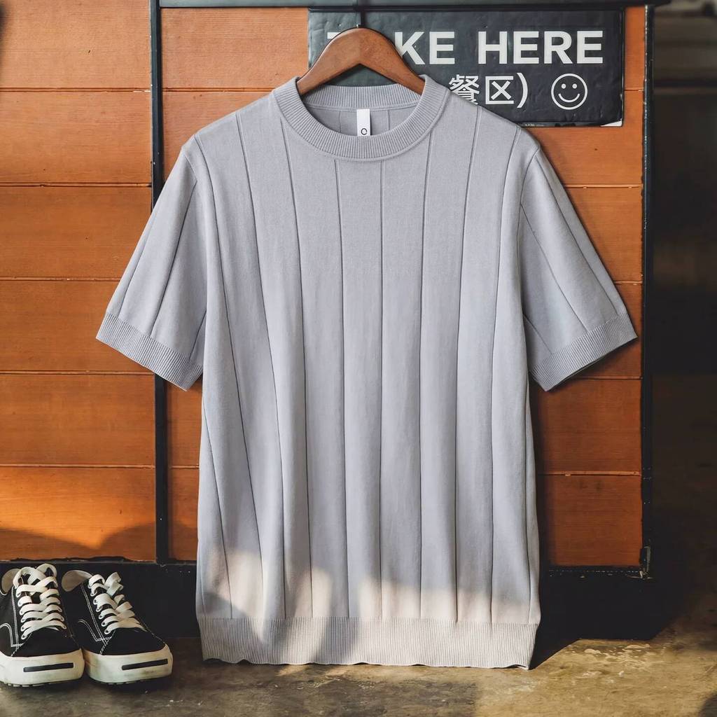 Wuluwear American Retro Solid Color Vertical Pit Strip Knit Short Sleeve Men Summer Old Money Style Loose Thin Style Breathable Round Neck Bottoming Shirt