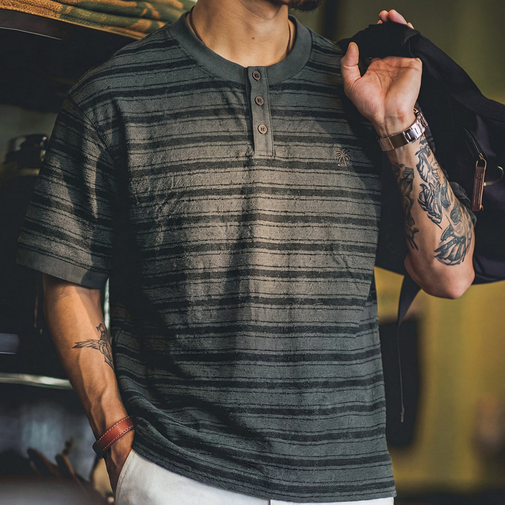 Striped Henry Collar Textured T-Shirt