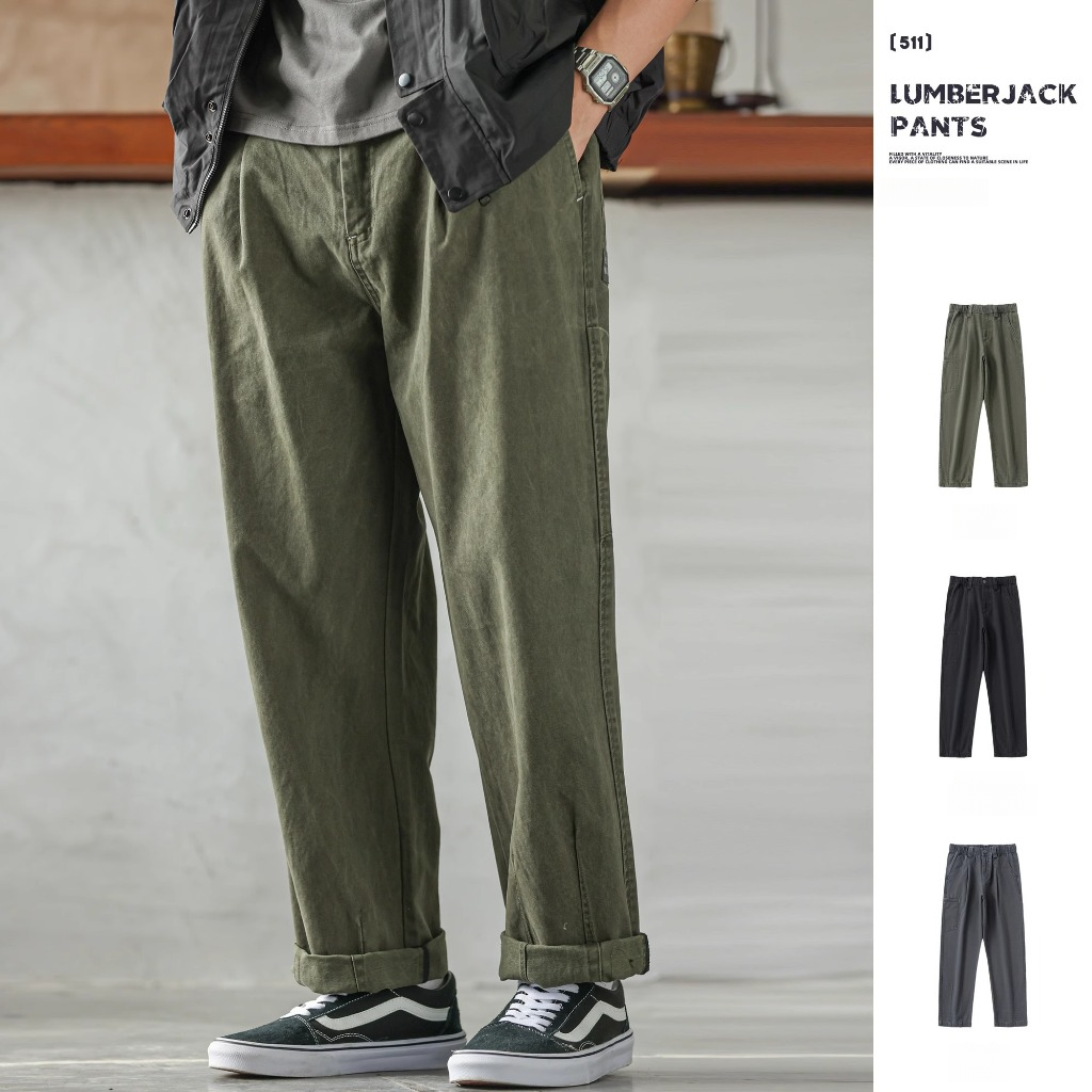 Combed Cotton Overalls Loggy Pants Men vintage Loose Casual All-Match Wide-Leg Straight Pants