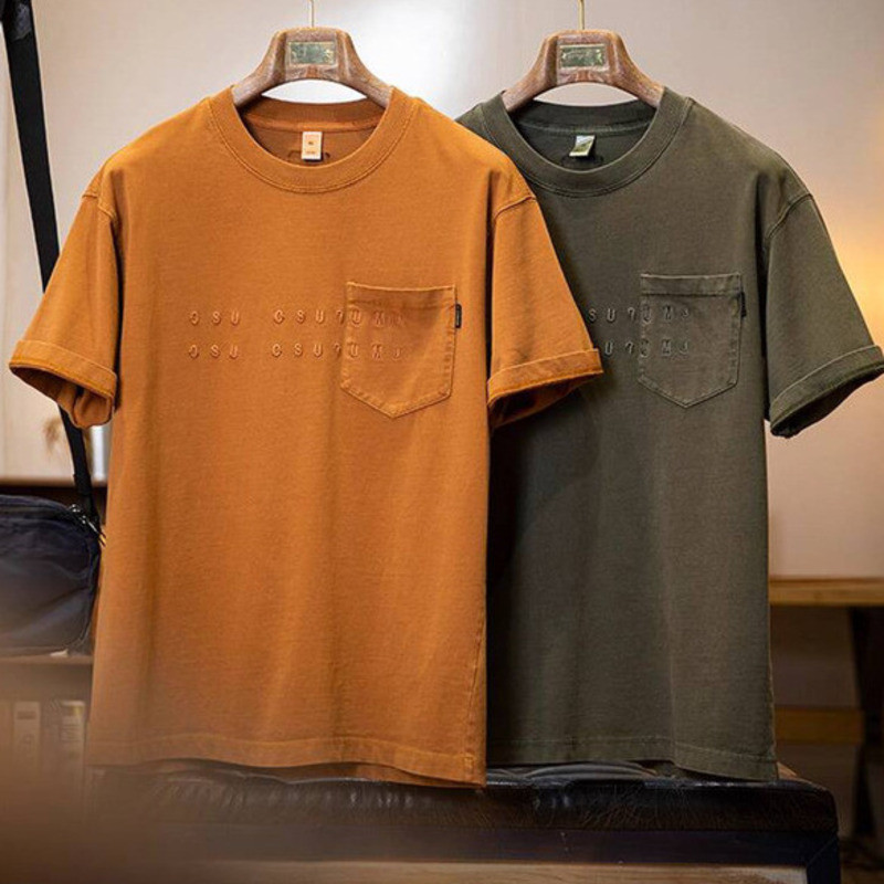 260g Pure Cotton Short-Sleeved t-Shirt Men Washed Embroidered Round Neck Half-Sleeved t-Shirt