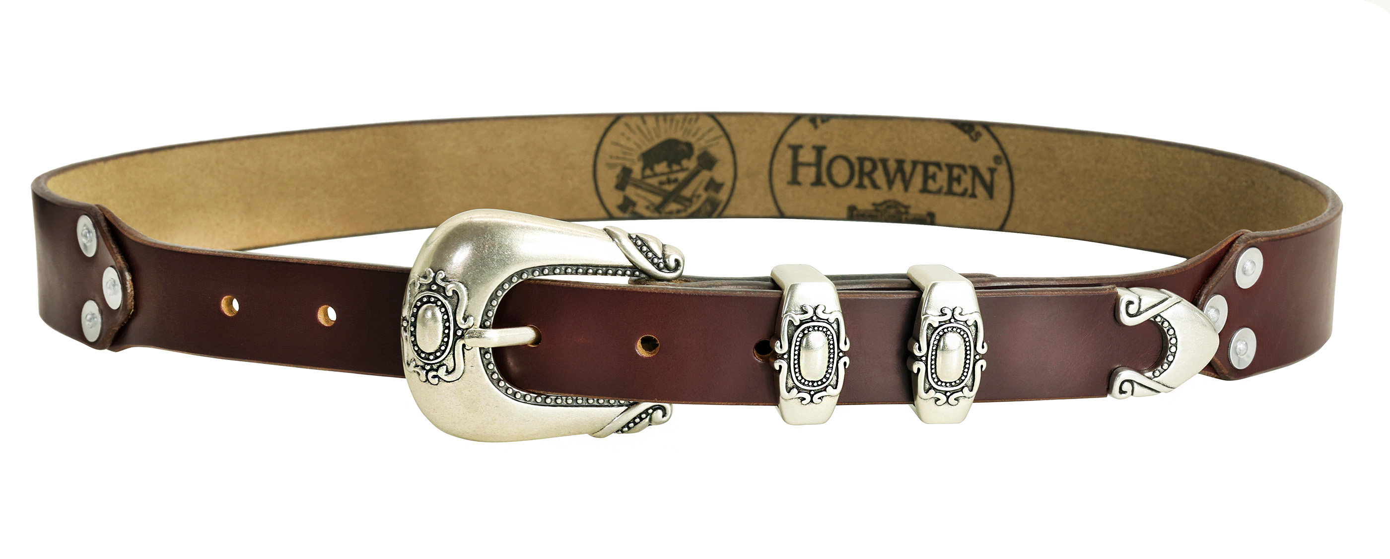 Silver rivet engraved top-grain leather belt 3.5cm