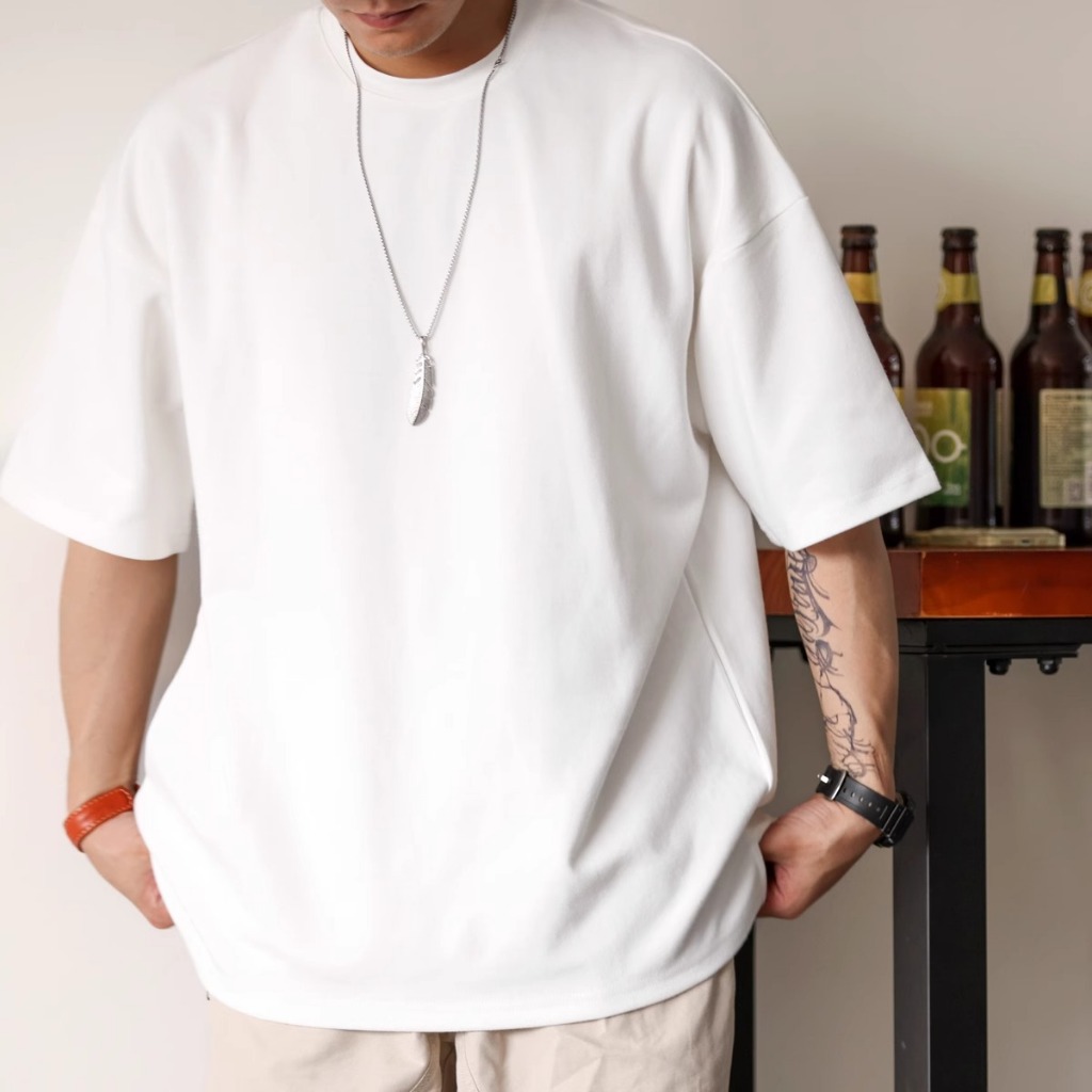 305GShort-Sleeved T-Shirt Men Women Loose 305G Dark Green Round Neck Slit Dropped Shoulder Sleeves TEE