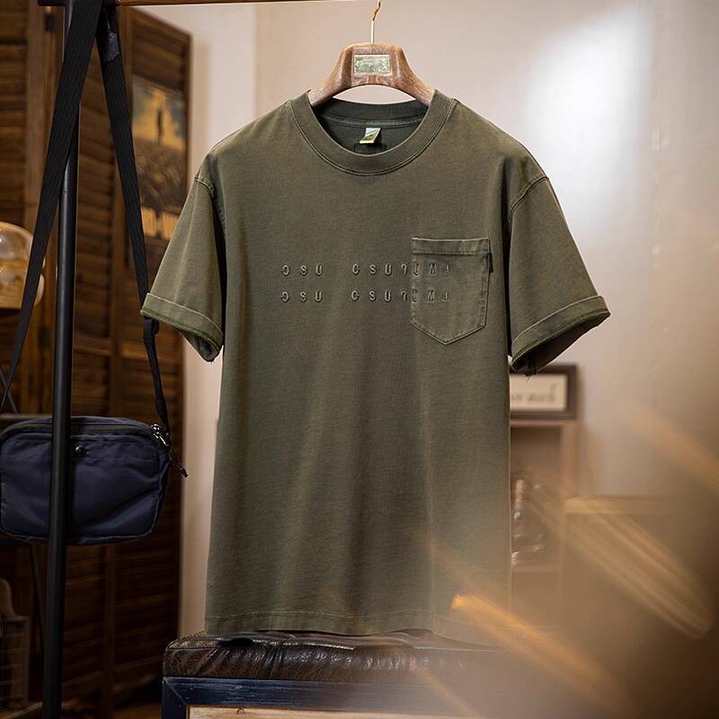 260g Pure Cotton Short-Sleeved t-Shirt Men Washed Embroidered Round Neck Half-Sleeved t-Shirt
