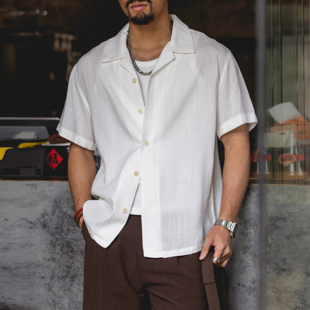 Lyocell Linen Cuban Collar Lyocell WhiteShirt Light Vacation Style Cardigan Shirt