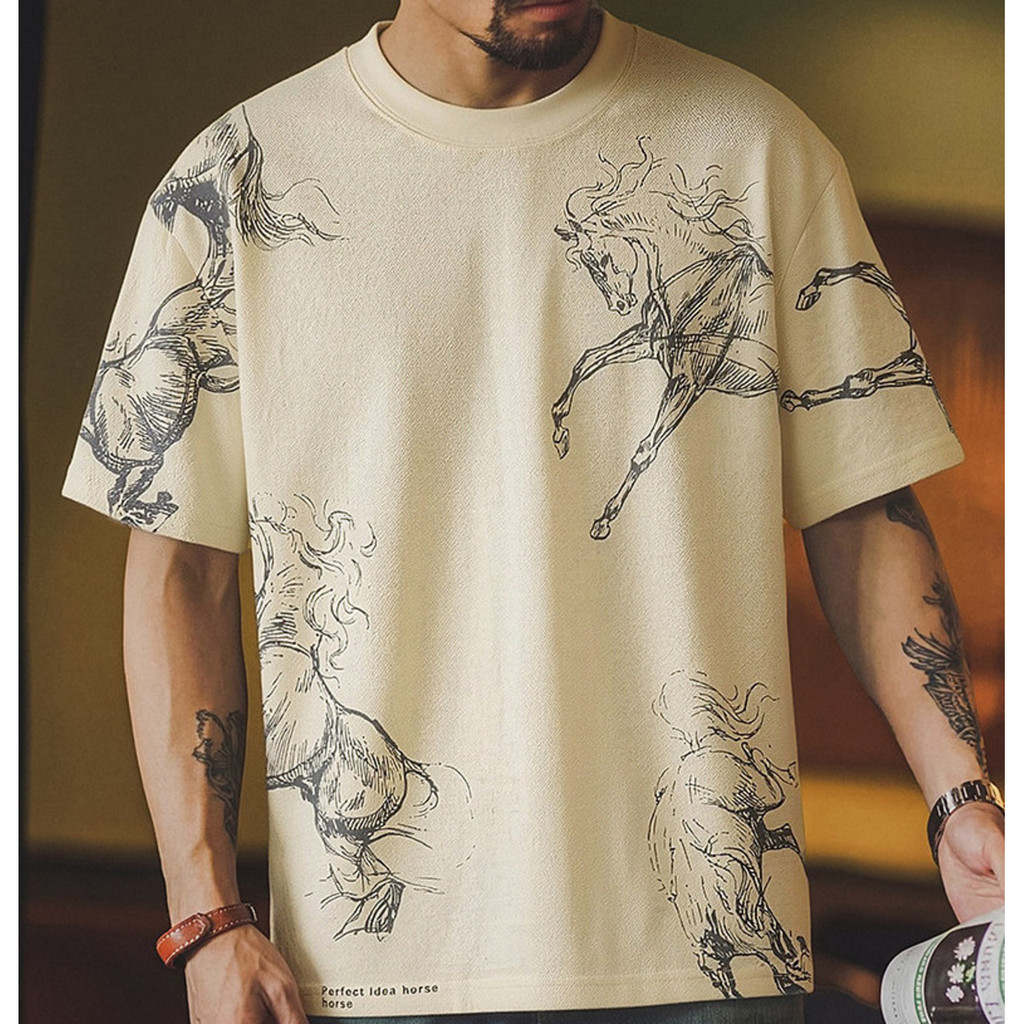 Wuluwear American Linen Blended Year of the Horse Printed Short-Sleeved T-Shirt Men Summer Loose All-Match Round Neck Design Bott