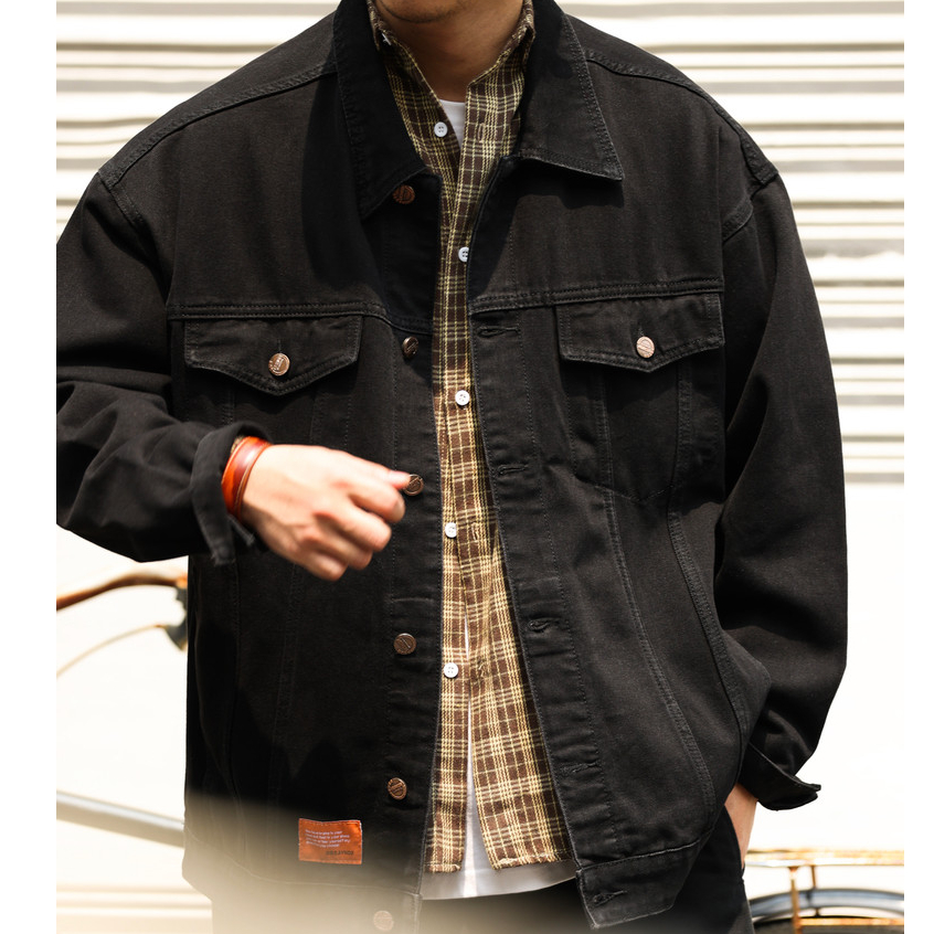American Retro Lapel Heavy Denim Jacket Men Washed Black Plus Size Workwear Casual Hunting Jacket