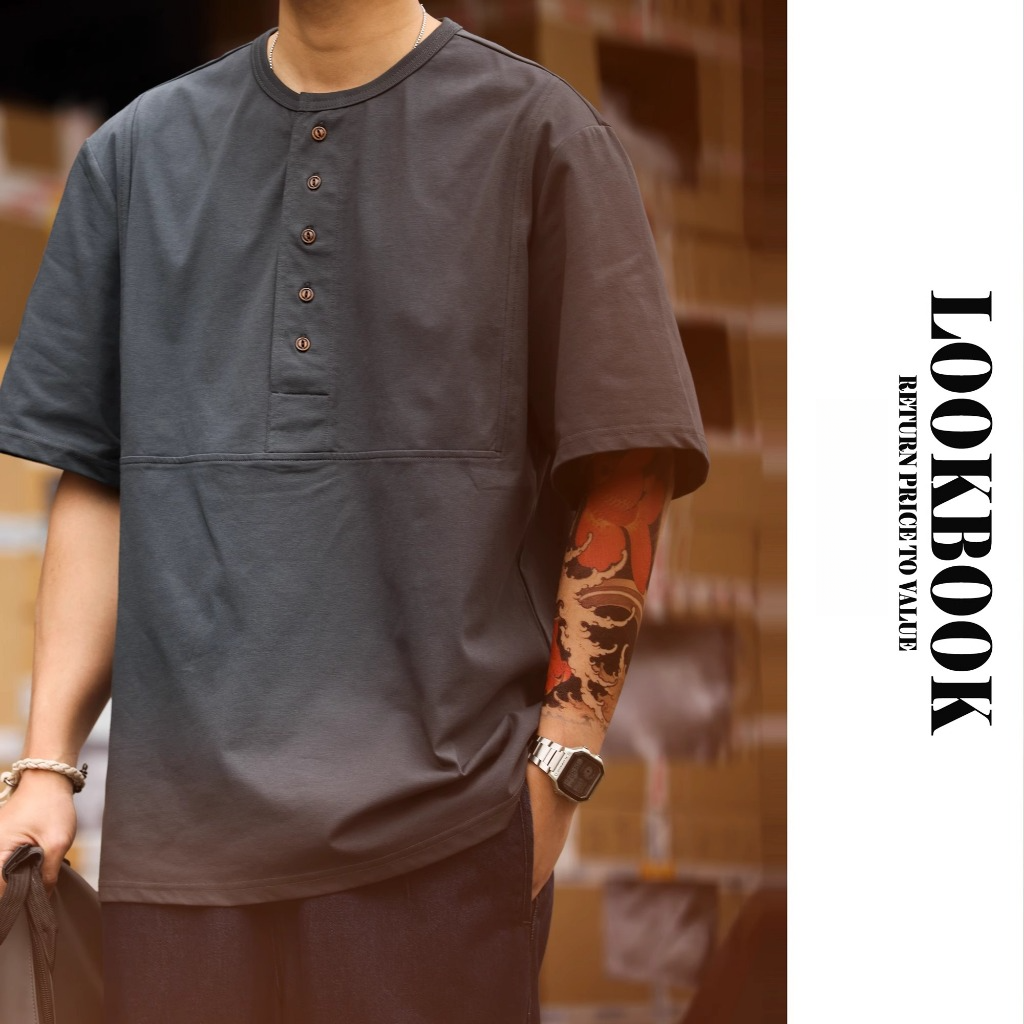 240g Henry Collar Short-Sleeved T-Shirt Men Stitching Cut Multi-Button Casual polo Shirt