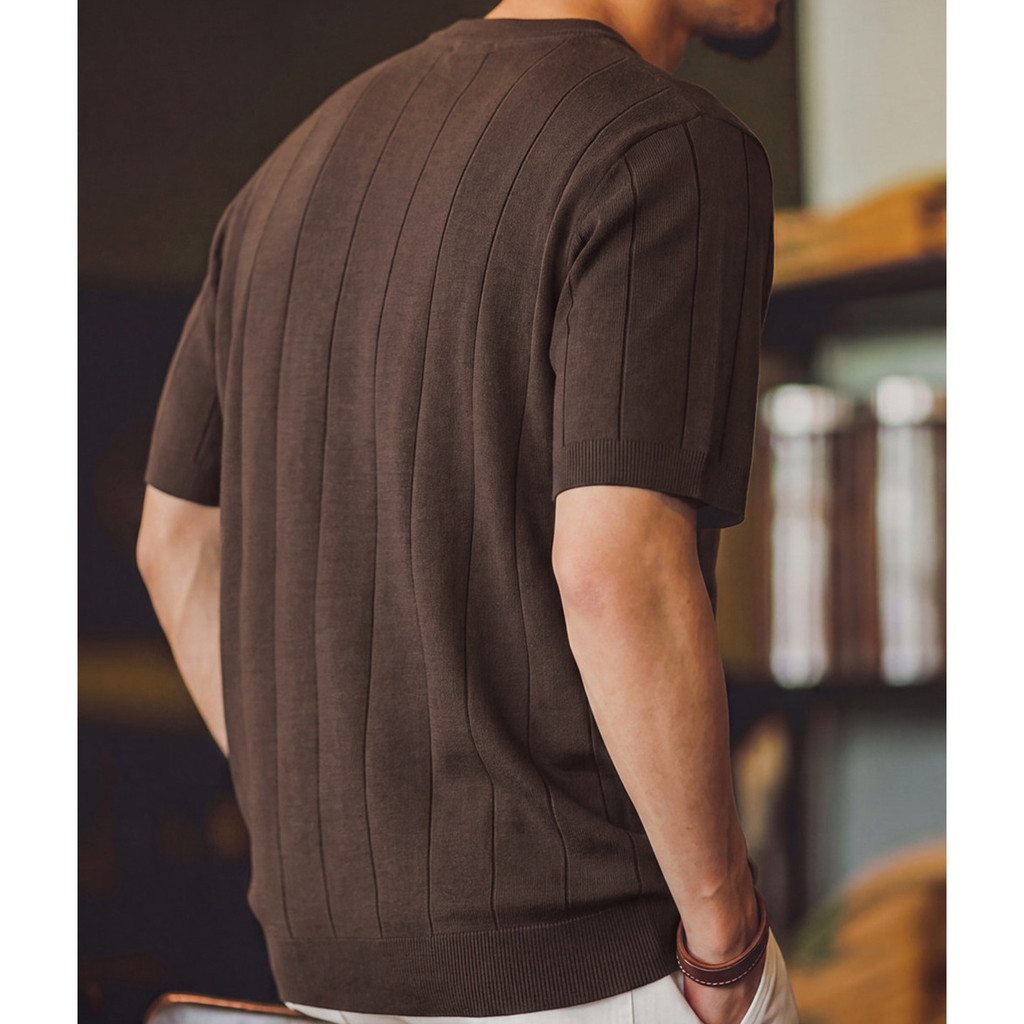 Wuluwear American Retro Solid Color Vertical Pit Strip Knit Short Sleeve Men Summer Old Money Style Loose Thin Style Breathable Round Neck Bottoming Shirt