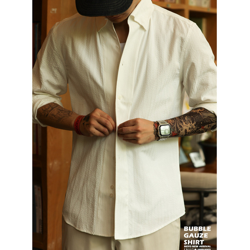 Wuluwear American Micro-Pleated Striped Texture Long-Sleeved Shirt Men Yuppie Old Money Style Casual Shirt Autumn