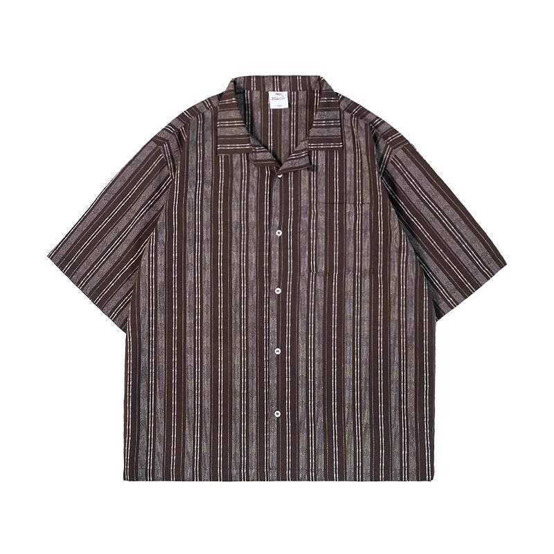 Cuban Collar Textured Striped Shirt