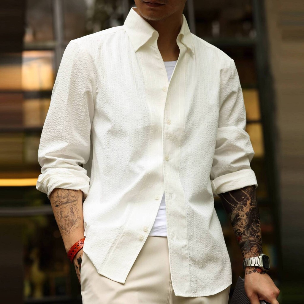 Wuluwear American Micro-Pleated Striped Texture Long-Sleeved Shirt Men Yuppie Old Money Style Casual Shirt Autumn