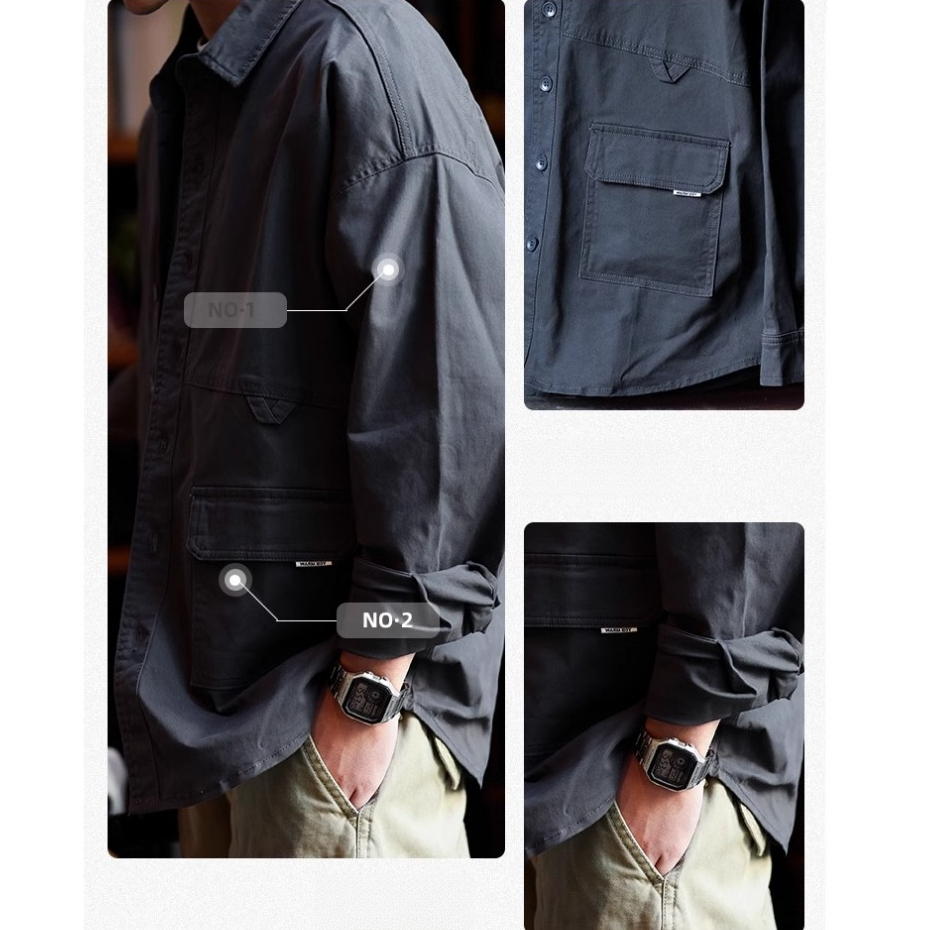 Casual Outdoor Multi-pocket Overalls Shirt Men's Outer Wear Loose Retro Heavy Industry Washed Shirt Autumn