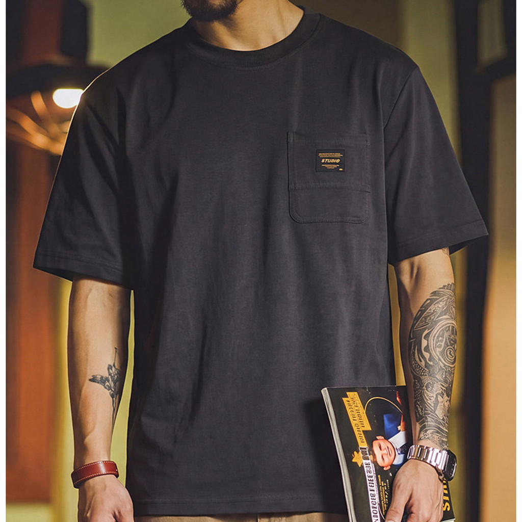 Wuluwear American Retro Tooling Pocket T-Shirt Male Lyocell Cool Breathable Short-Sleeved Summer Loose Stretch Casual Top