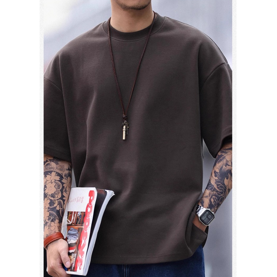 305GShort-Sleeved T-Shirt Men Women Loose 305G Dark Green Round Neck Slit Dropped Shoulder Sleeves TEE