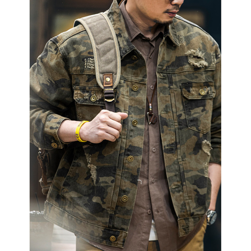Desert Camouflage Ripped Denim Jacket
